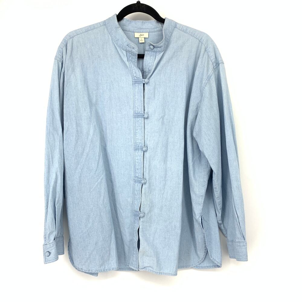 J Jill Chambray Shirt Womens L Blue Mandarin Collar Frog Button Tunic Blouse